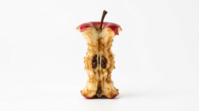 Single red apple core with seeds remaining after being eaten isolated on a clean plain white studio background isolated on white background