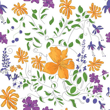All Over Print Botanical Seamless Pattern, Repeat Pattern Vector for Bedding, Tablecloth, Wallpaper and Wrapping Paper