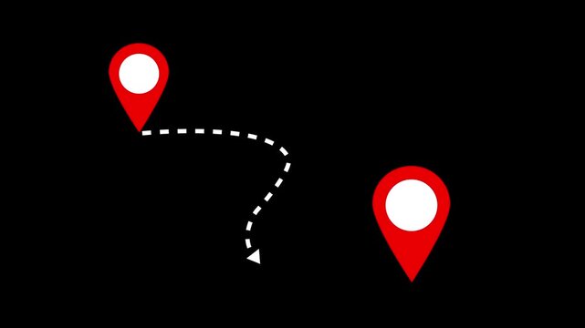 Animated map route path with red location pin markers connecting two points on a black background, for travel logistics, navigation, gps tracking, delivery services, and, global business connectivity