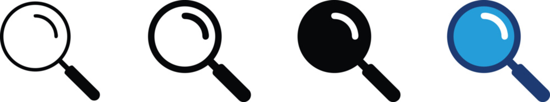 Magnifying Glass Search Icon Set Collection, Minimal Line and Solid Style, Zoom Lens Symbol, Find Search Tool, Inspection Interface Icon Pack, Black White and Blue Vector Isolated on White Background