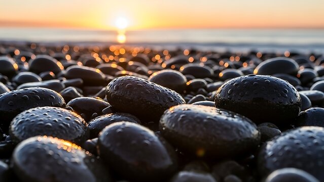 Close up of wet black pebbles on sunrise beach