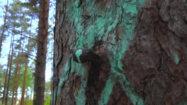 Close up view of an old rusty railroad spike hammered into a pine tree trunk with green paint marking, revealing the forest trees moving in the blurred background on a sunny day