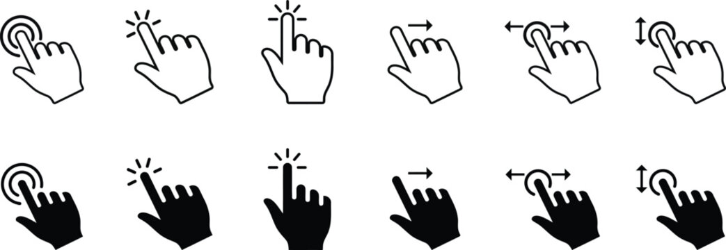 Touch Gesture Icon Set, Hand Tap and Swipe Symbols, Finger Interaction UI Icons, Touchscreen Navigation Vector Collection, Mobile Gesture Line and Glyph Icons Isolated on White Background