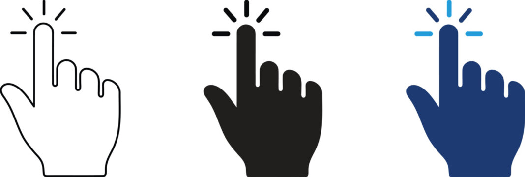 Hand Click Icon Set, Touch Gesture Pointer Symbols, Finger Tap UI Icons, Touchscreen Interaction Vector Collection, Click Interface Line and Glyph Icons Isolated on White Background