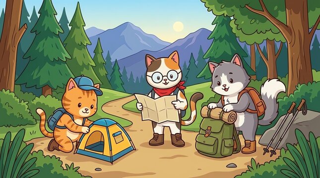 Cute cartoon cats camping in a forest with backpacks, map, and tent