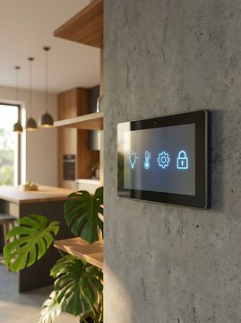 Modern smart home control panel displaying lighting climate settings and security icons on a concrete wall