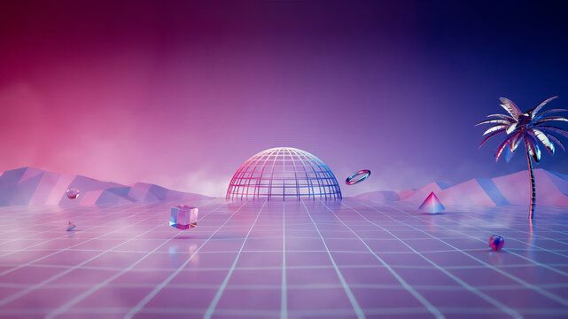 Retro Futuristic Neon Landscape with Digital Grid, Geodesic Dome and Palm Trees in Synthwave Style
