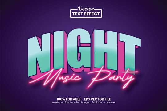 3D night club neon text effect, editable party music event typography vector style