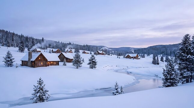 Snowy winter landscape with wooden log cabins.