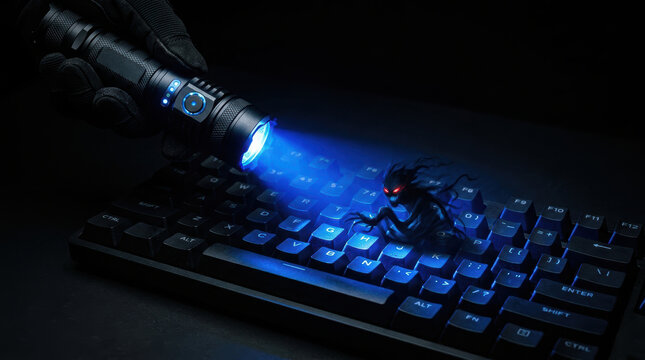 Cyber defense flashlight reveals dark creature on keyboard symbolizing cyber warfare threat in digital security environment