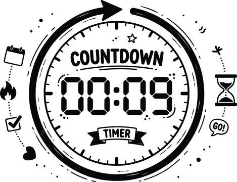 Countdown timer digital display with circular arrow and symbols.