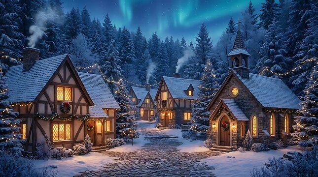 Snowy winter village under vibrant northern lights night sky.