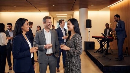 Professionals networking at corporate jazz party.