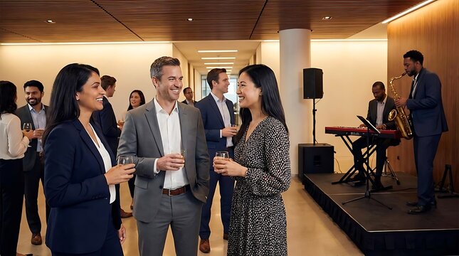 Professionals networking at corporate jazz party.