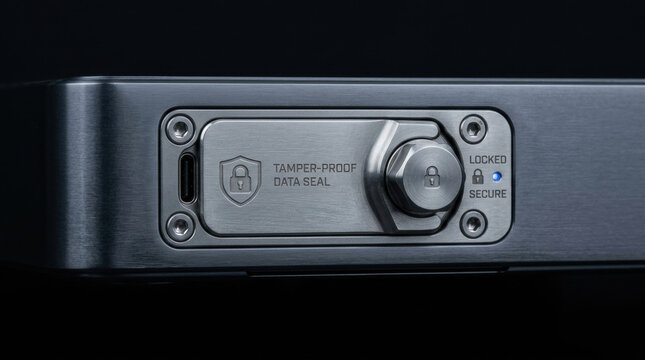 Tamper proof data seal on metal device shows cyber defense and warfare protection with secure lock and blue indicator light for safety