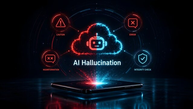 Smartphone projecting glowing holographic AI hallucination warning with caution error misinformation and integrity check digital icons