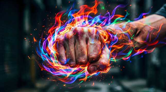 A powerful human fist clenched tightly surrounded by vibrant colorful energy flames against a dark blurred gym background for motivation