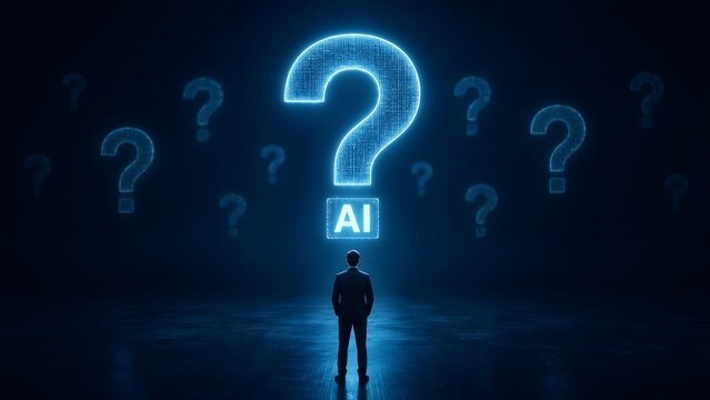 Businessman facing a giant digital glowing question mark with AI text representing the unknown future of artificial intelligence and ethical dilemmas.