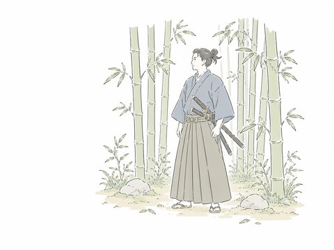 刀を差して静かに佇む武士姿の男性と日本の美しい竹林のイラスト