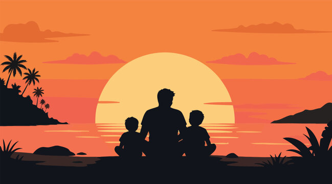 Vector illustration of a father silhouette sitting together eclipsing a large setting sun on a beach horizon,