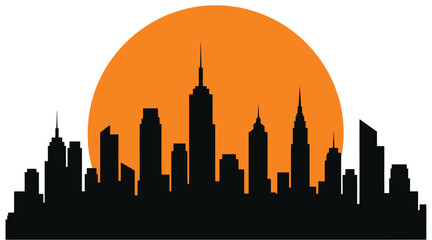 Fototapeta premium Vector illustration of city skyline silhouette eclipsing a giant rising sun behind buildings, flat black building shapes with sharp geometric edges,