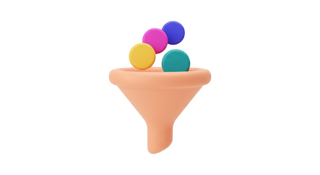Abstract colorful spheres falling into funnel symbolizing data filtering and processing