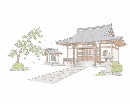 若葉が舞い散る木々のそばに佇む、石灯篭と鐘楼のある伝統的な日本のお寺のイラスト