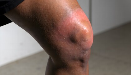 Fototapeta premium Prepatellar bursitis with swollen kneecap, lateral close up view, clinical orthopedic medical photography documentation