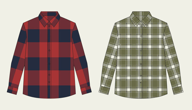 Two long-sleeve button-down plaid shirts in classic red and green tartan patterns side by side against a light background.