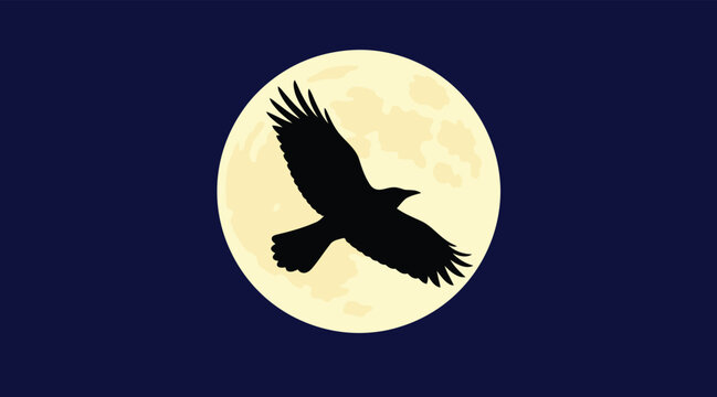Flat vector illustration of a bird in flight silhouetted against a bright full moon, black bird shape partially eclipsing the glowing pale moon disc, d