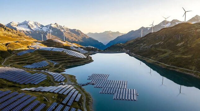 Solar panels and wind turbines in mountainous lake landscape.