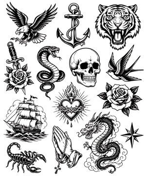 Traditional Black and White Tattoo Flash Sheet Vector Collection with Eagle, Tiger, Skull, Snake, Dragon, Roses, Anchor, Ship, and Sacred Heart