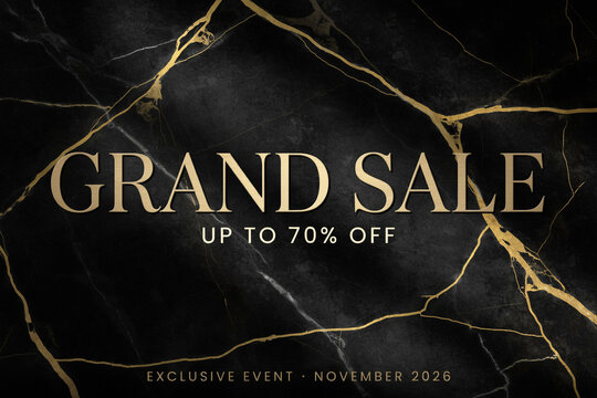 A grand sale banner with bold golden typography offering up to 70% off on a luxurious black marble background featuring elegant golden vein patterns for an exclusive November event