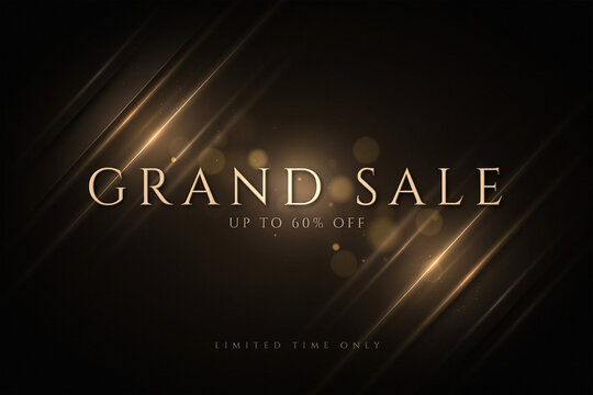 Elegant luxurious golden "Grand Sale" promotional banner with stylized text stating "Up to 60% Off" and "Limited Time Only" for exclusive offers and special shopping events