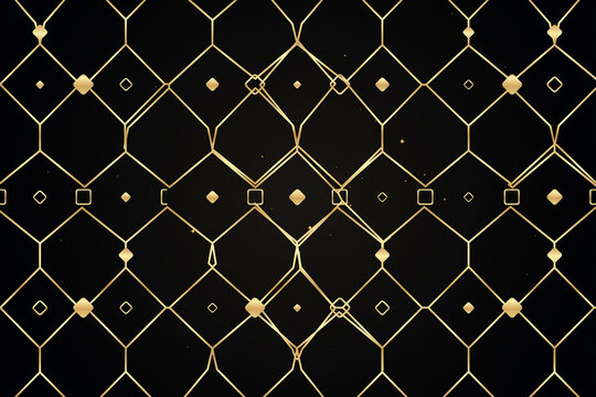 The image depicts a complex geometric pattern of interwoven golden lines forming an intricate grid with small glittering elements against a dark background creating an elegant design