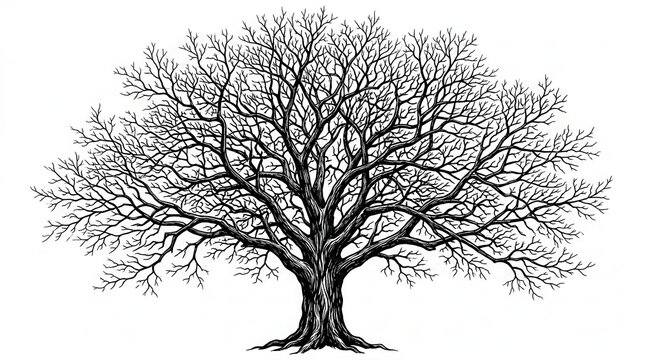 A large detailed black and white illustration of a leafless oak tree with many branches isolated on white background