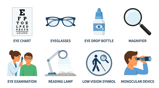 Vision icons collection features essential tools and concepts like an eye chart, eyeglasses, eye drop bottle, magnifier, doctor examination, reading lamp, low vision symbol, and monocular device.