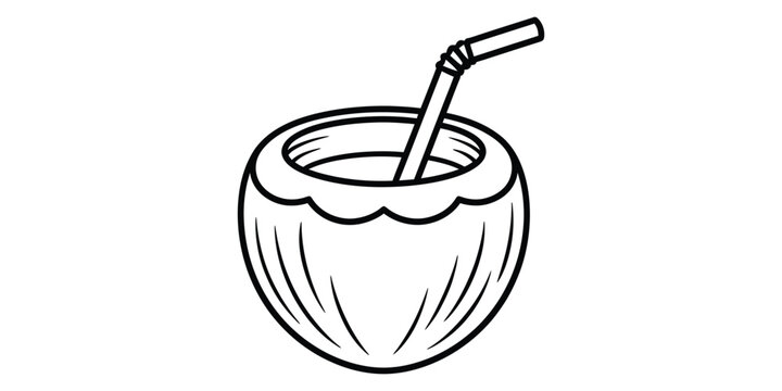Fresh coconut drink with straw line art icon