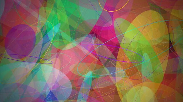 Vibrant Elliptical Flow Overlay with Colorful Overlapping Translucent Geometric Shapes Background