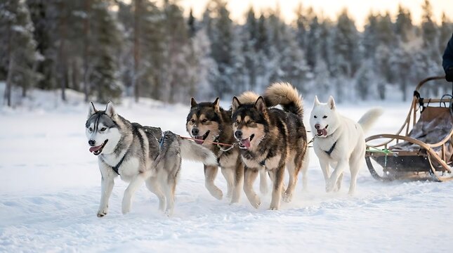 Sled dogs pulling team through snowy winter forest landscape.