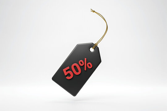 A sleek black price tag displaying a prominent bold red fifty percent off discount symbol with a subtle three dimensional effect suspended from a delicate shiny golden string
