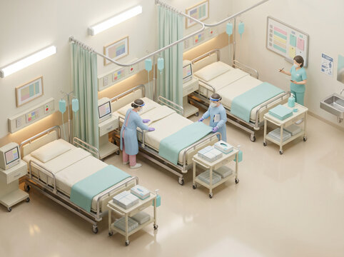 ICU ward bed preparation PPE wearing nurses miniature diorama tilt-shift isometric overhead