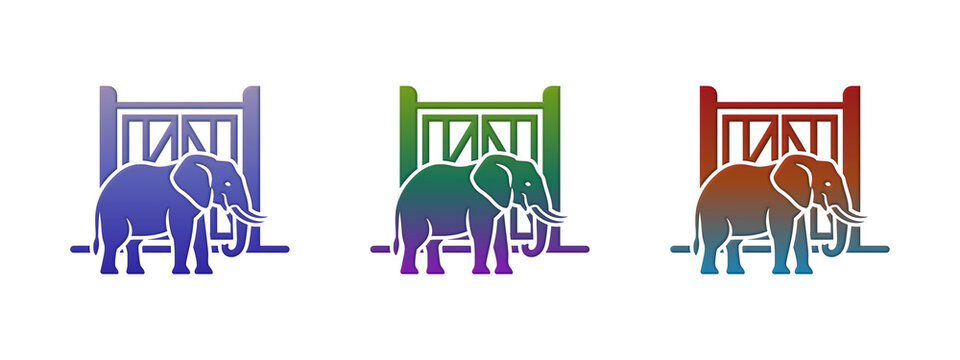 Three colorful elephant icons standing in front of gates