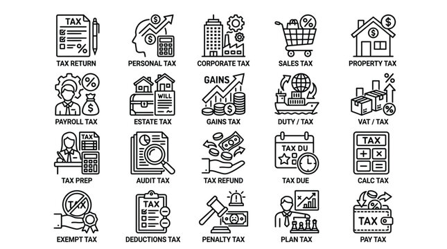 Comprehensive Set of Line Icons for Financial Tax Planning and Compliance
