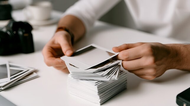 person holding stack of old black and white film photos on white table with camera and scattered pictures