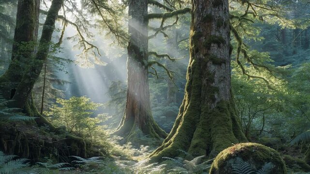 Medium shot of a thriving forest with sunlight filtering through focusing on lush greenery symbolizing retirement strategies in forestbased sustainable funds.