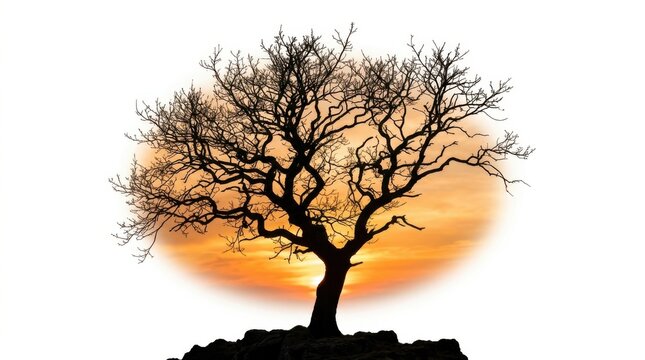A single dark silhouette tree with bare branches against a bright orange sun circle isolated on a white background