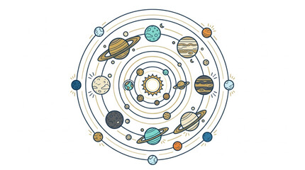 Colorful Solar System Planets Orbiting the Sun Illustration. © Darsa