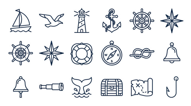 Nautical Maritime Icon Set with Sailing and Ocean Exploration Symbols