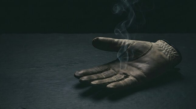 A weathered hand emerges from darkness with smoke rising from its fingertips